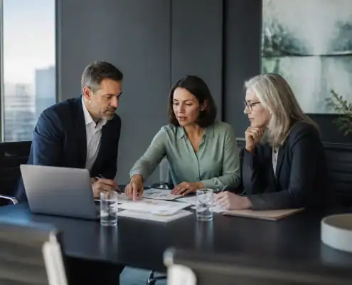 Business professionals discussing strategy in a modern office.