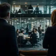 Two professionals observing a team meeting in a contemporary office space.