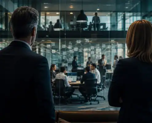 Two professionals observing a team meeting in a contemporary office space.