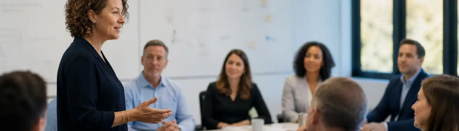 Business Meeting and Team Collaboration Businesswoman presenting to a diverse team in a modern conference room.