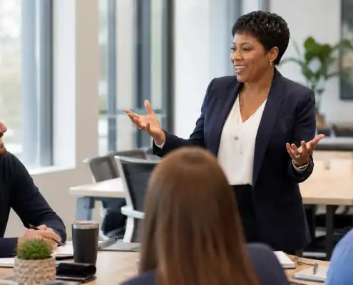 Businesswoman leading a team meeting in a modern office setting.